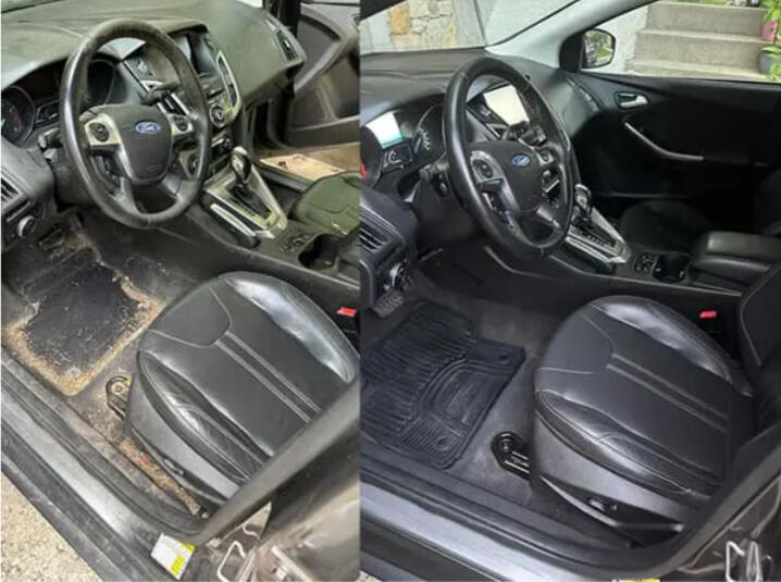 Before and after photo of Ford explorer. Cleaned and detailed in Snohomish Mobile interior detail in Snohomish. Black SUV before and after