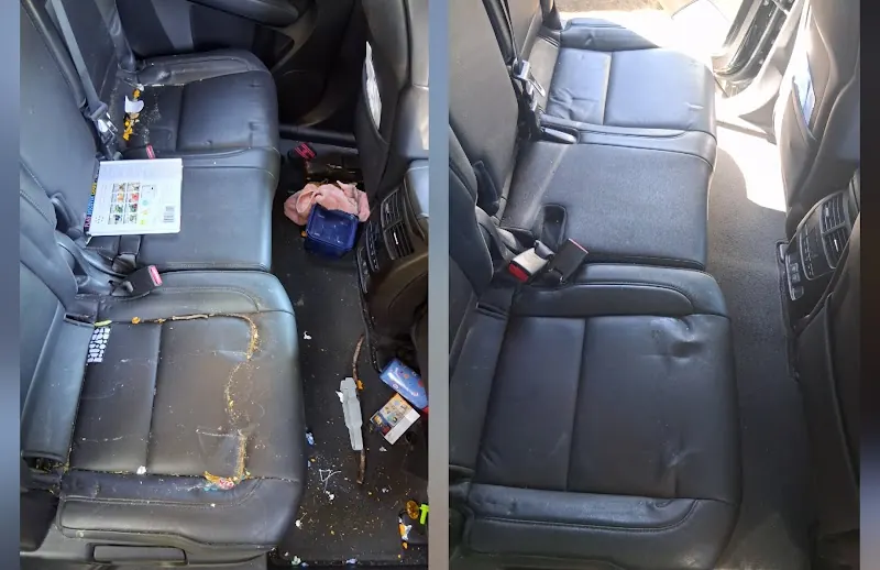 Back seat before and after an interior detail: crumbs, wrappers and a spill, then clean leather