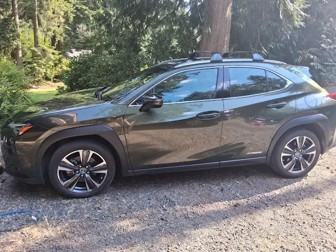 Black Lexus UX on a gravel driveway in the trees after a detail