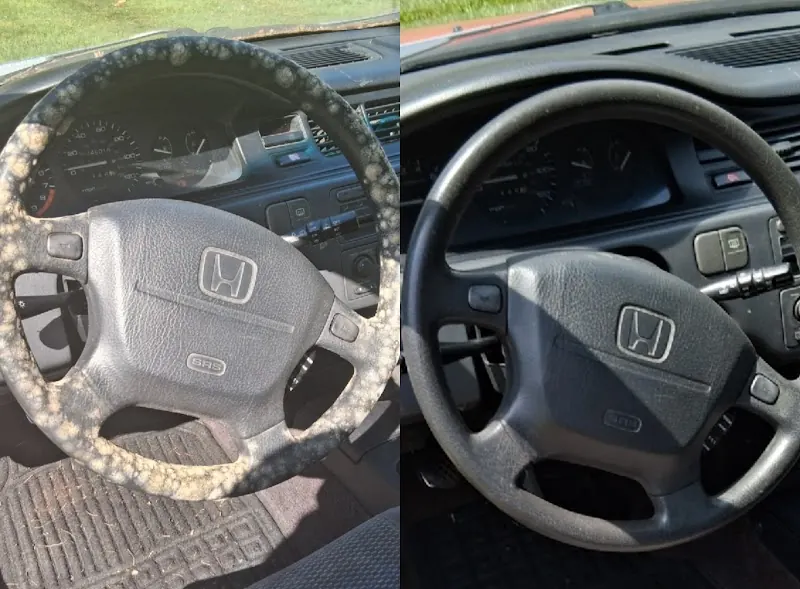 Honda steering wheel before and after: spotted with grime, then clean