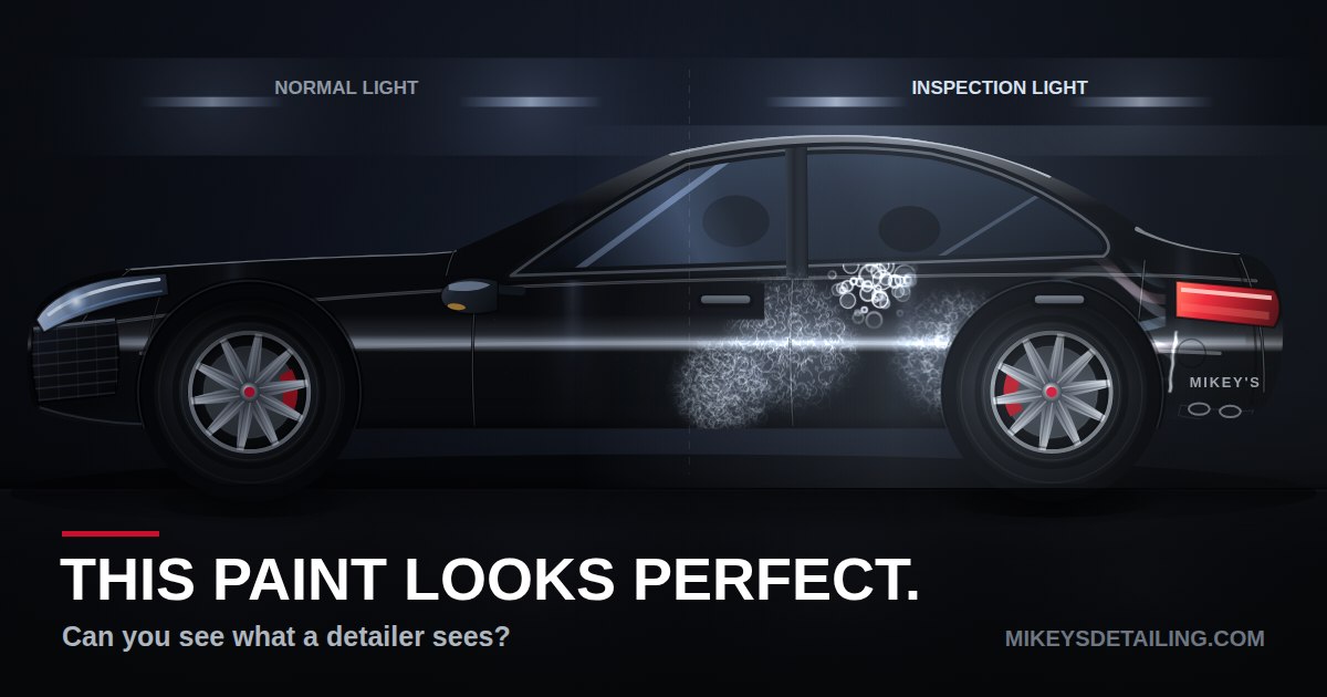 The same black car under normal light and under an inspection light: flawless on one side, covered in swirl marks on the other.